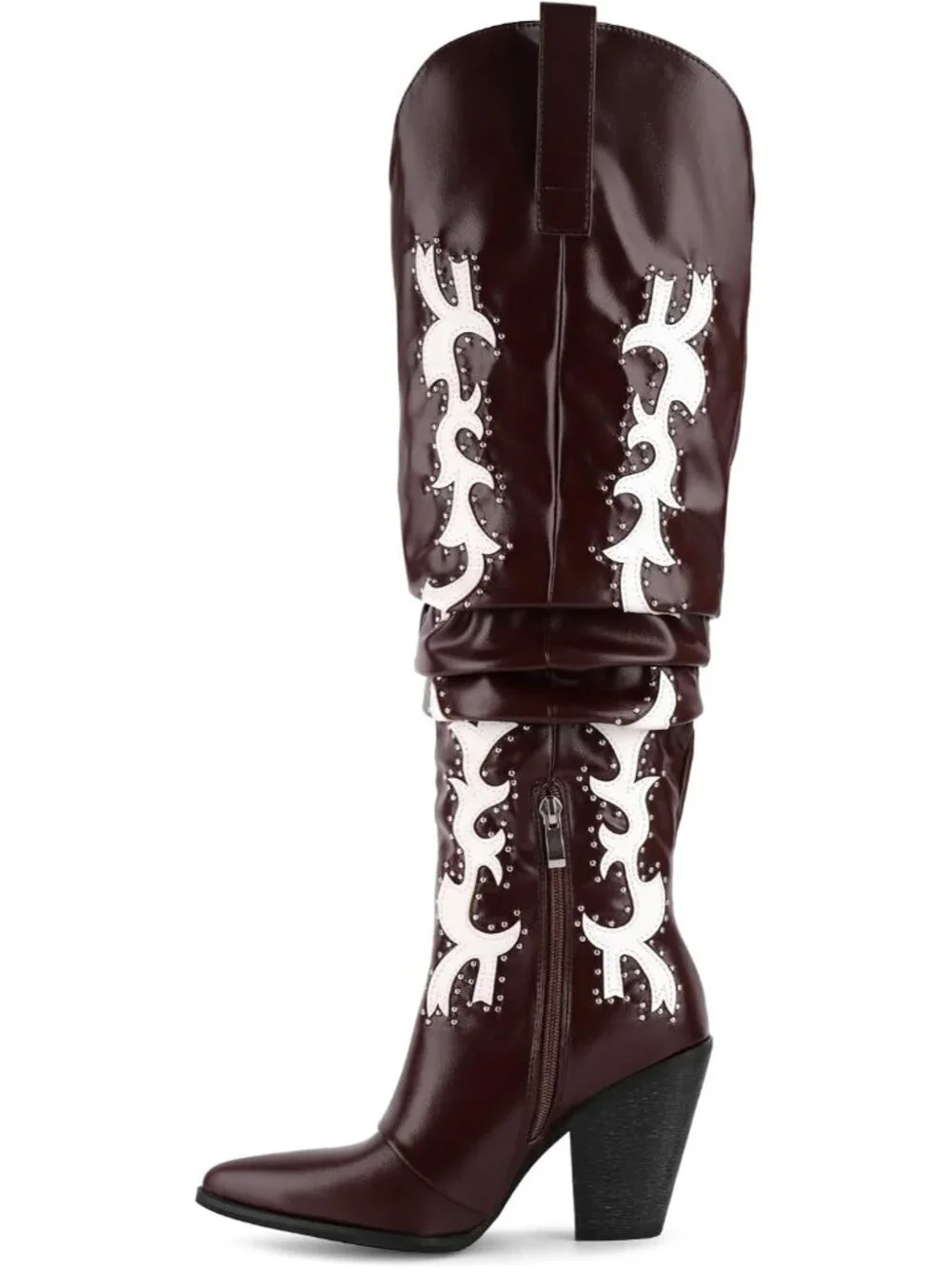 Women's Burgundy Pointed Toe Platform Studded Slouch Cowgirl Over The Knee Boots